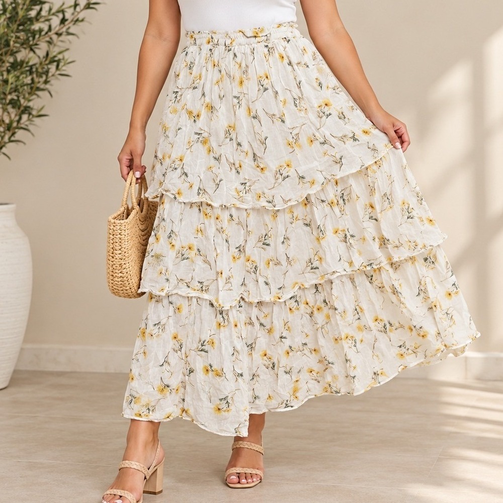 Happy Nature White Yellow Floral Tiered Cotton Maxi Skirt Medium Boho Skirt